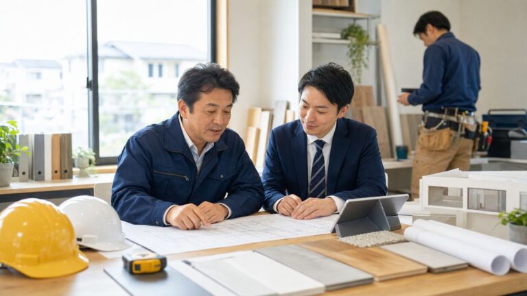 杉並区の建設業M&Aと事業承継について図面を見ながら相談する経営者と専門家