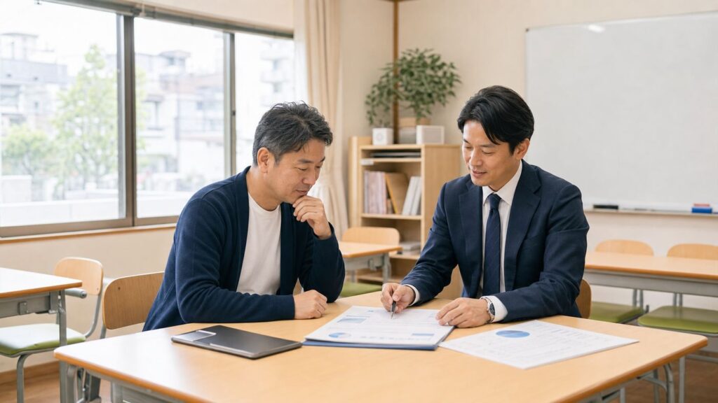 杉並区の学習塾M&Aと事業承継について教室で相談する経営者と専門家