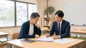 杉並区の学習塾M&Aと事業承継について教室で相談する経営者と専門家