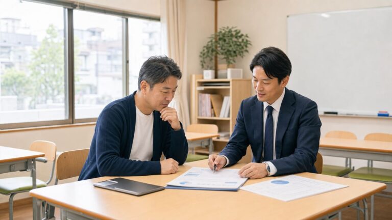 杉並区の学習塾M&Aと事業承継について教室で相談する経営者と専門家