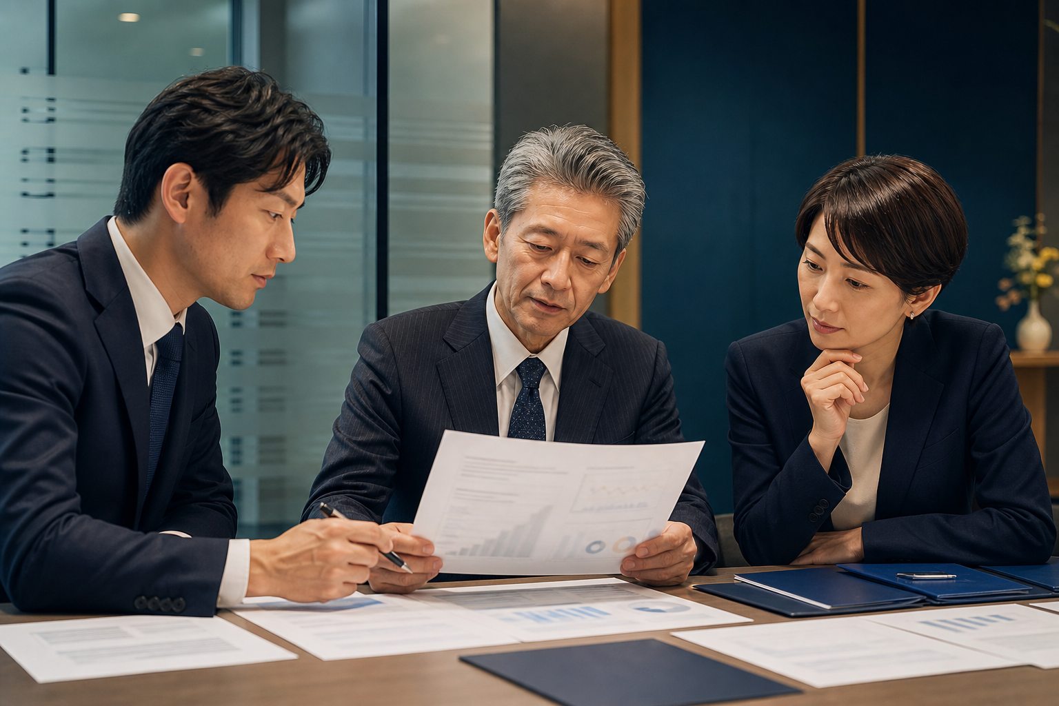 秘密保持に配慮してM&Aの資料を確認する経営者と専門家
