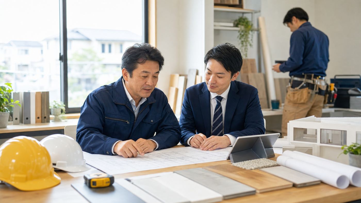 杉並区の建設業M&Aと事業承継について図面を見ながら相談する経営者と専門家